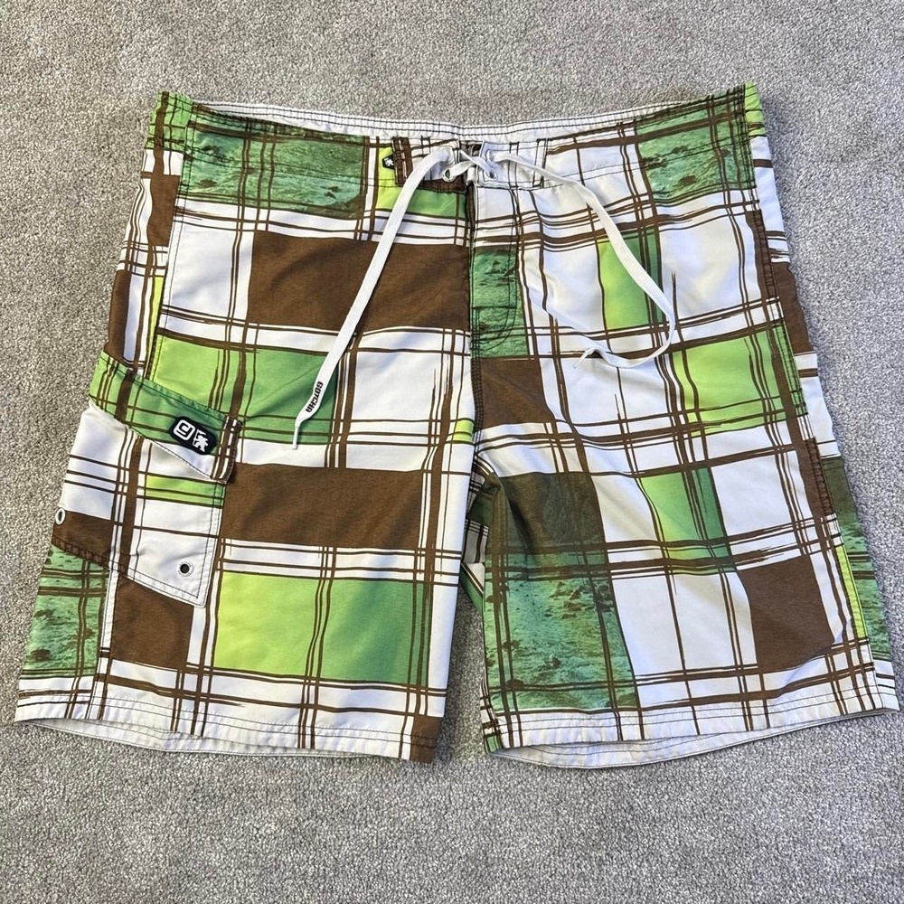 Vintage GOTCHA Board Shorts Swim Trunks Green Brown Square Pattern XL Surf